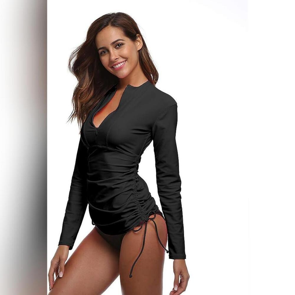 Women’s Black Long Sleeve Rash Guard Swim Top Can Be Worn As Mini Dress